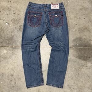 Vintage Mens Red Stitched Joey Super T True Religion Jeans Size 38x31